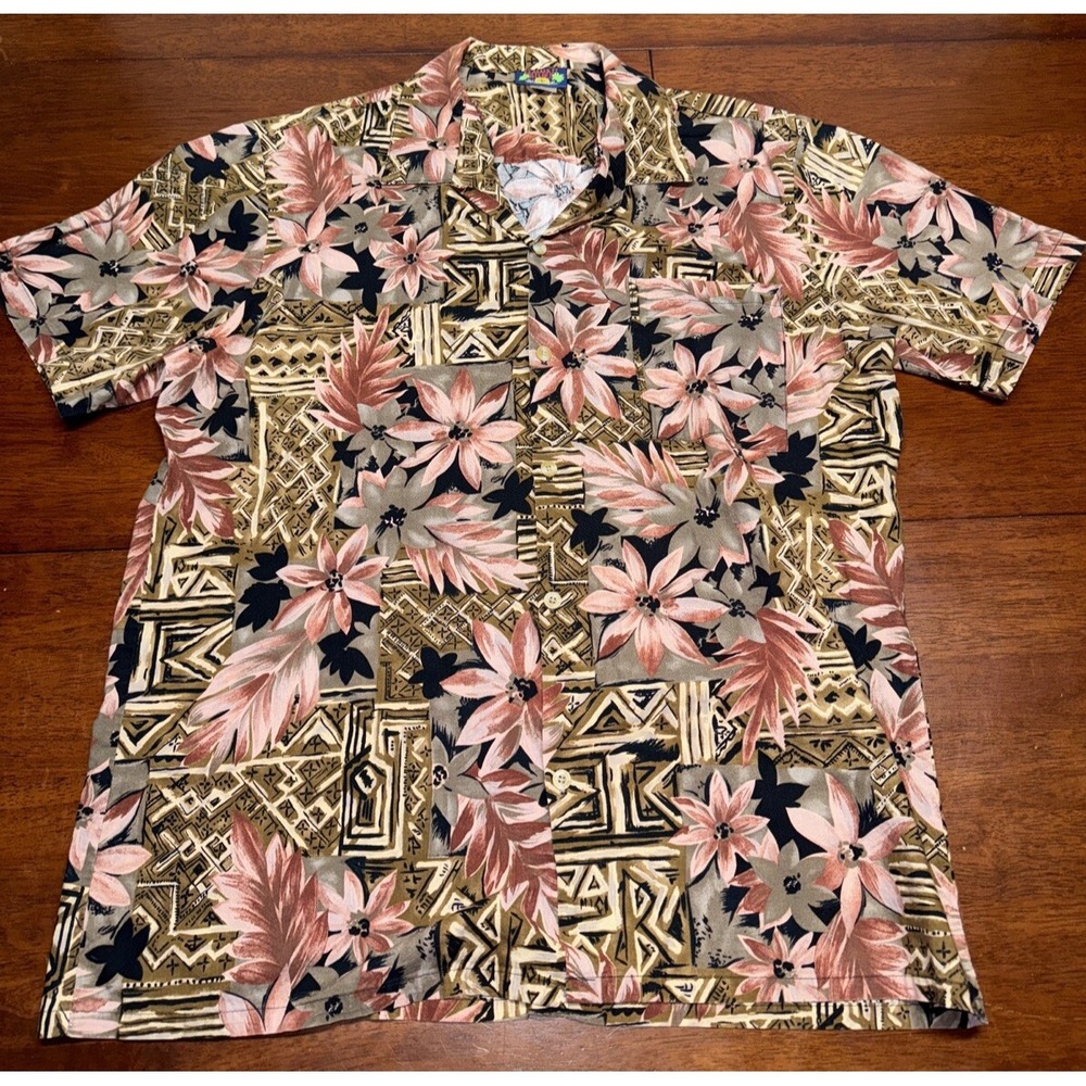 Hawaii Blues Shirt Adult Size Large Brown Floral Button Up Hawaiian Camp Men USA